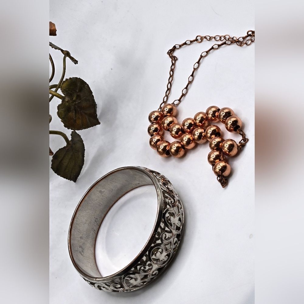 "5/$25" Large Silvertone Filigree Bangle Bracelet and Coppertone Bead Necklace